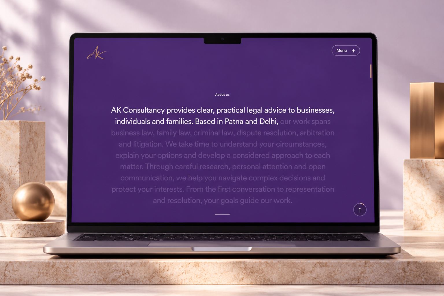 AK Consultancy introduction section in a purple editorial layout