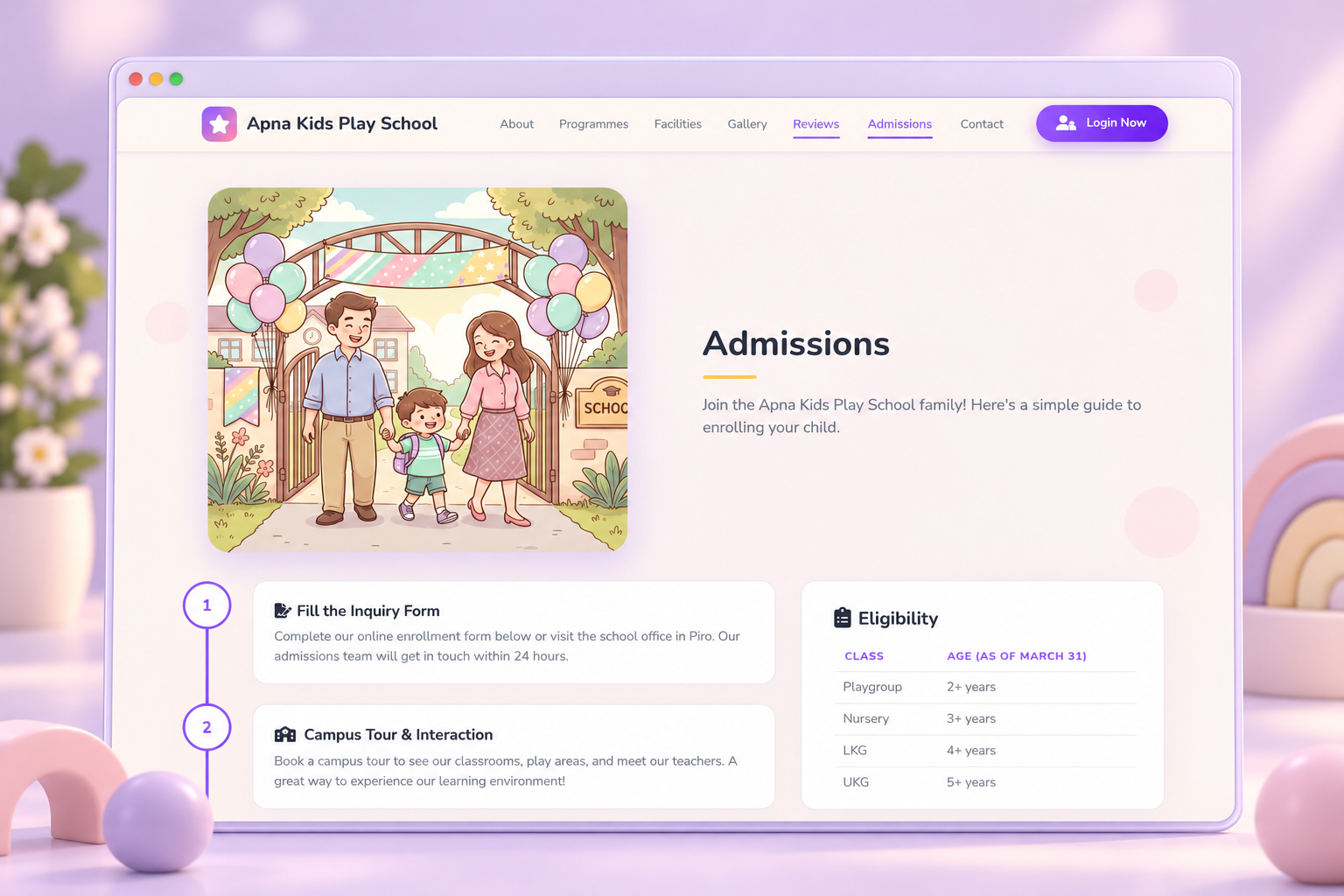 Admissions section with an illustrated family step-by-step information and eligibility cards