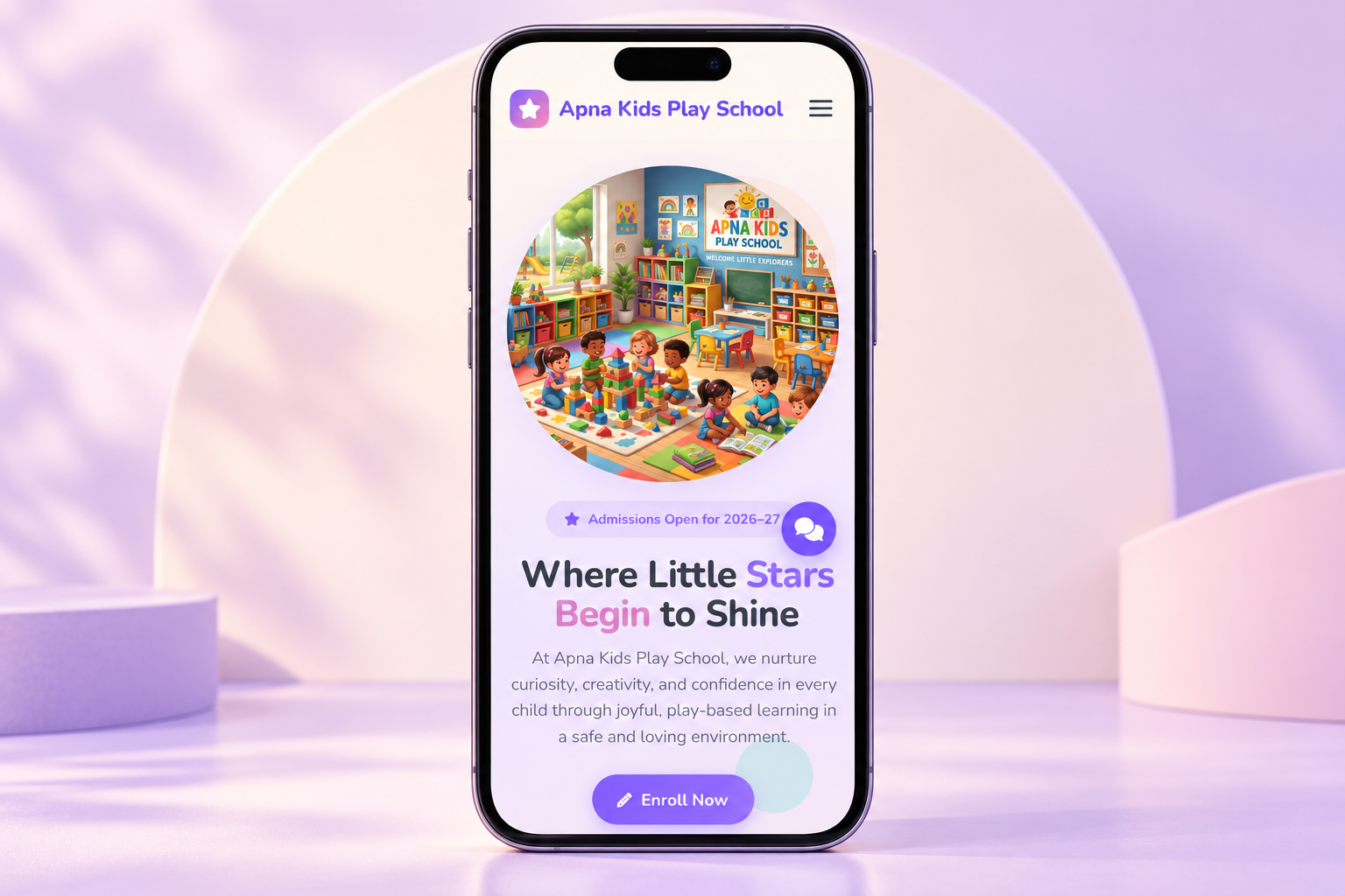 The school homepage showcased in a mobile phone mockup