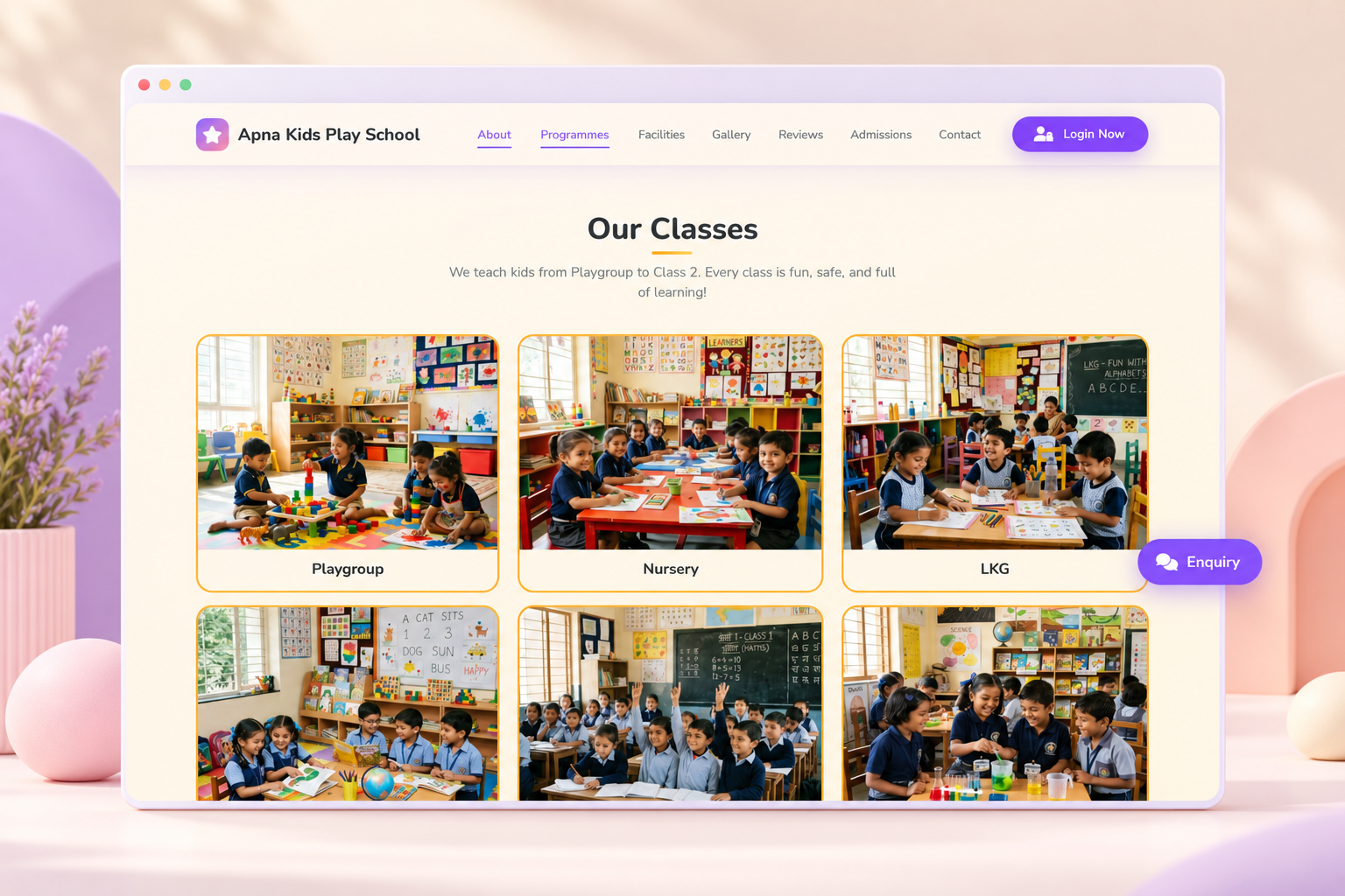 Apna Kids school programmes showcased with classroom cards from Playgroup to Class 2