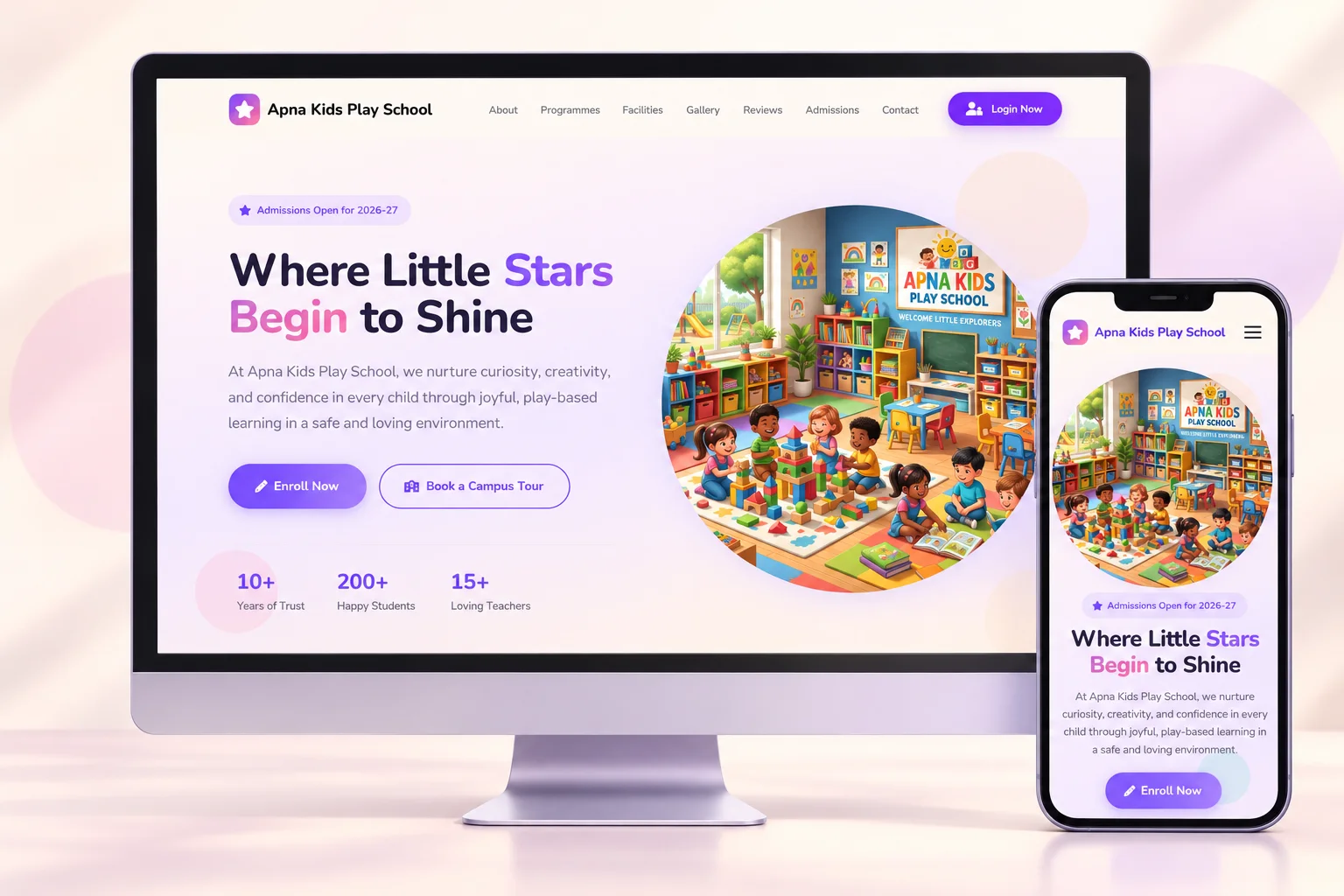 Apna Kids Play School homepage presented on desktop and mobile devices