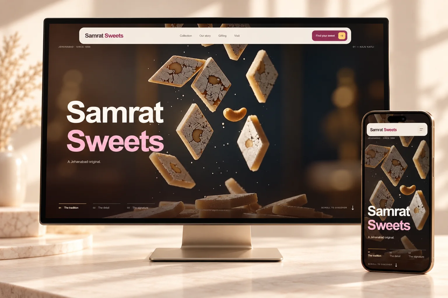 Samrat Sweets homepage showcased on desktop and mobile devices