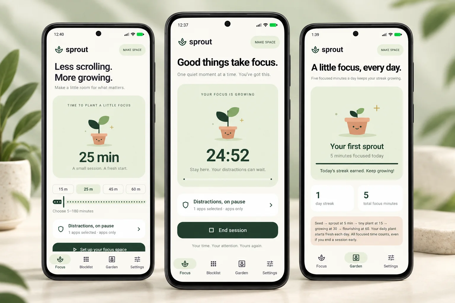 Sprout focus timer active session and garden displayed across Android phones