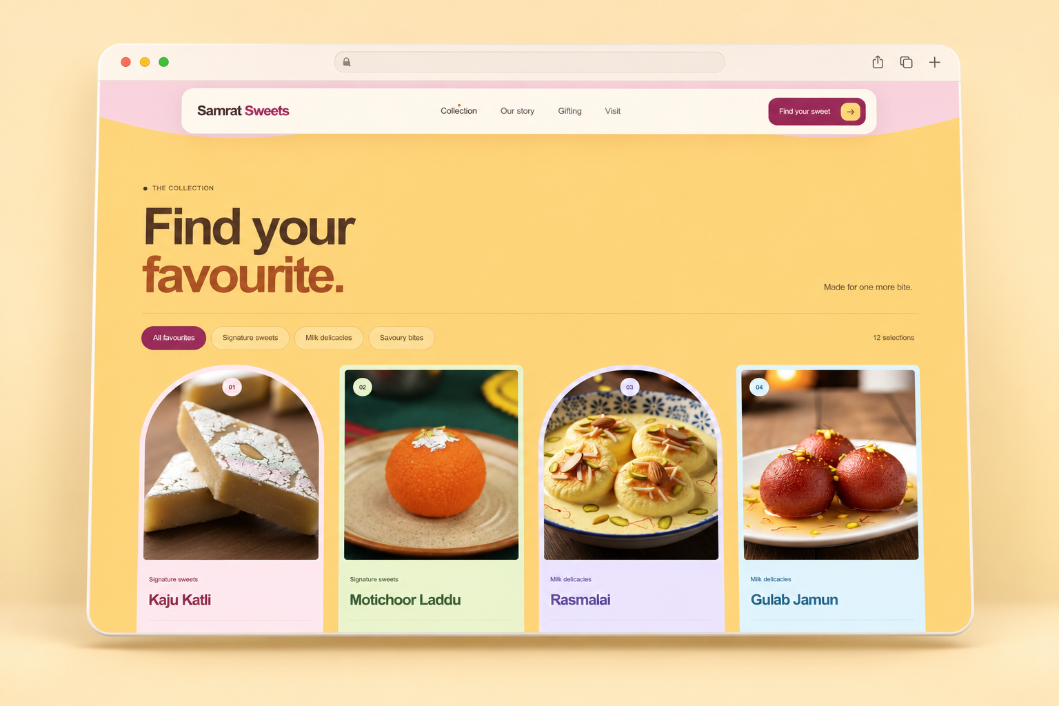 The Samrat Sweets collection with category filters and colourful cards for Kaju Katli Motichoor Laddu Rasmalai and Gulab Jamun