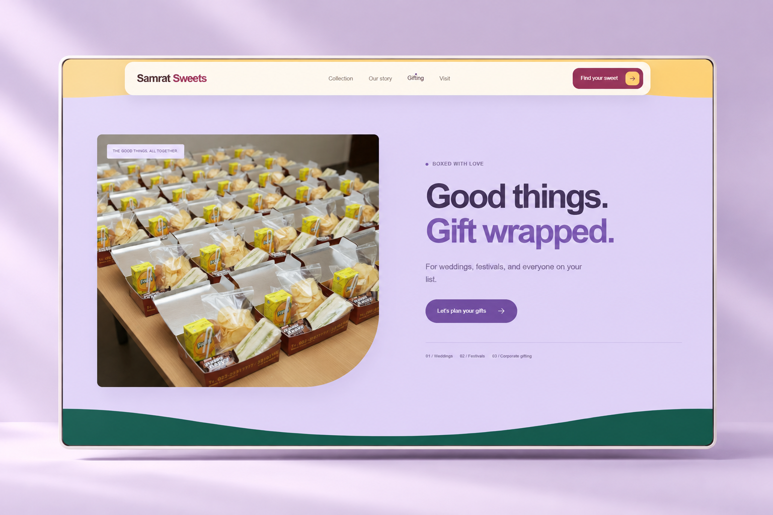 Samrat Sweets gifting experience with assorted gift boxes and a WhatsApp gifting enquiry button