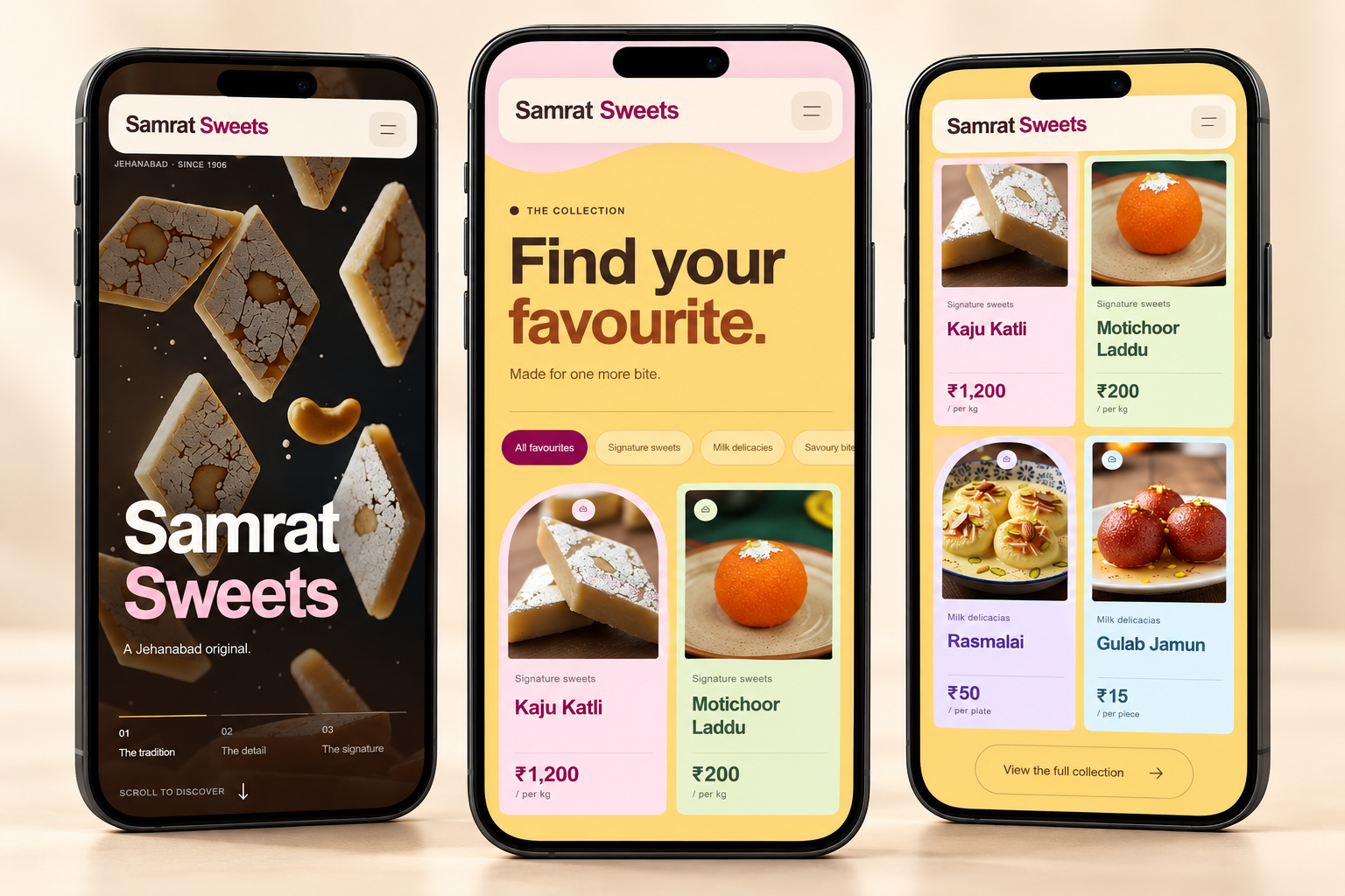 Three mobile mockups showing the Samrat Sweets homepage collection and product cards