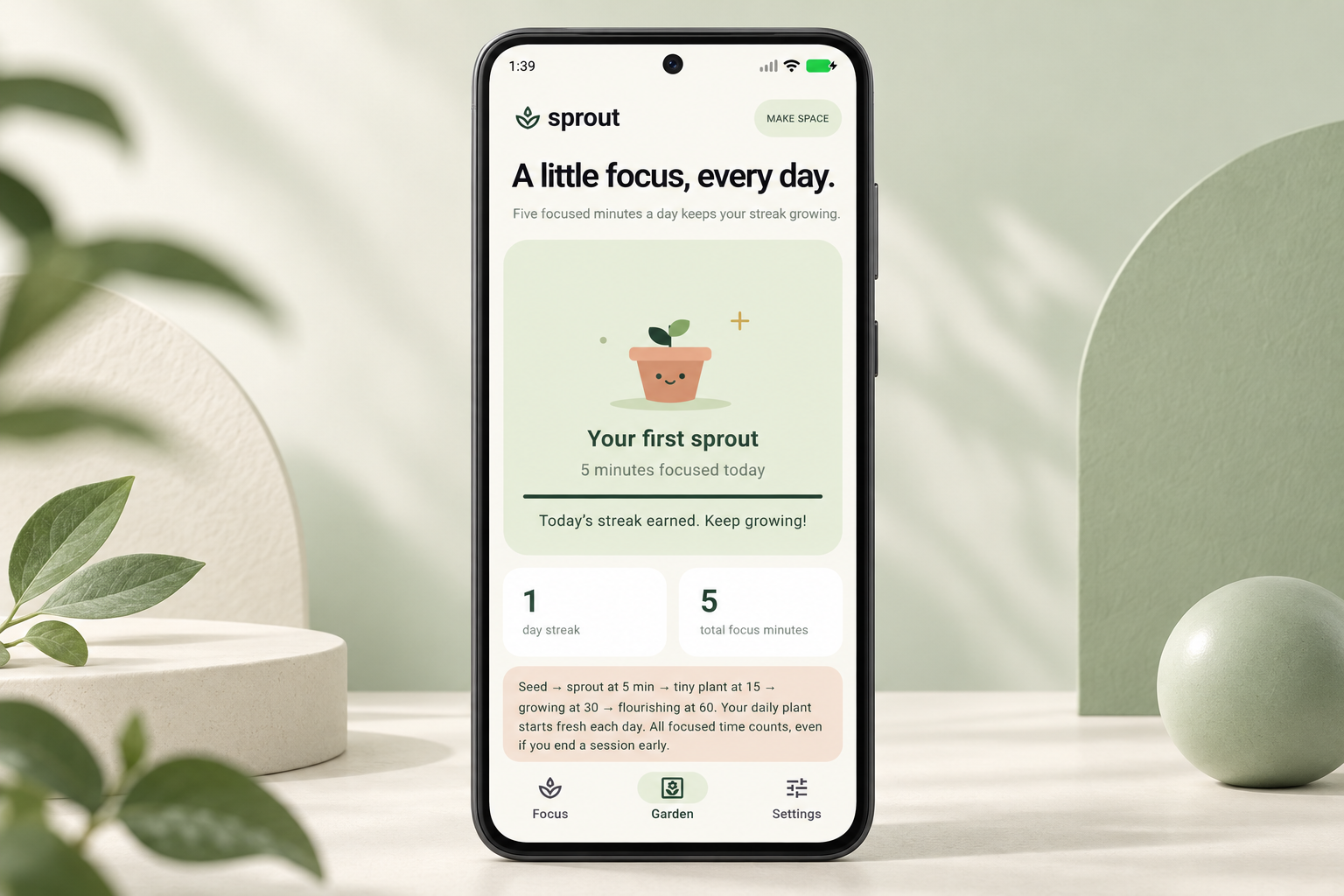Sprout garden and streak interface in a phone mockup