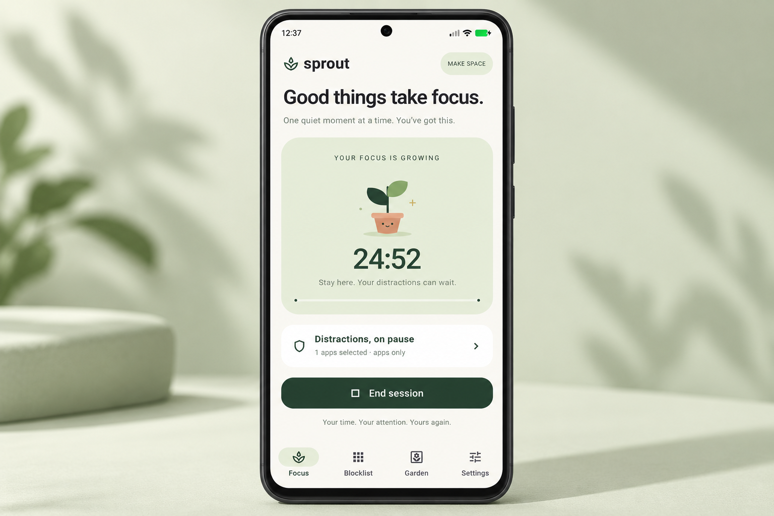 Sprout active focus session countdown