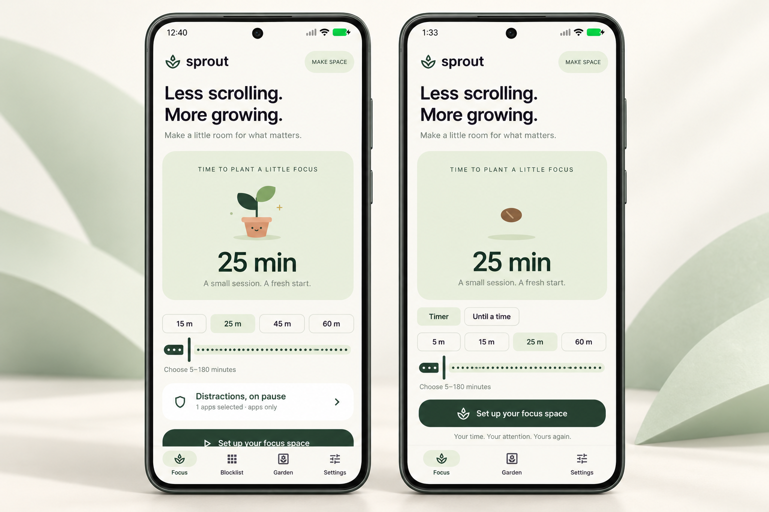 Sprout timer setup screens in Android phone mockups